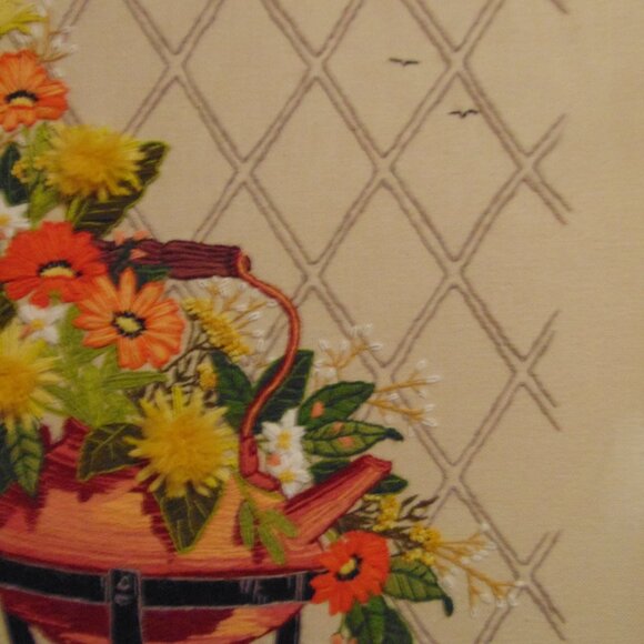 Vintage Copper Kettle & Flowers in Crewel, Wood Frame, 19.6 in x 25.6 in - Picture 6 of 8